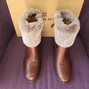 Trask Brown Leather Ankle Boots with Plush Trim, Size 9